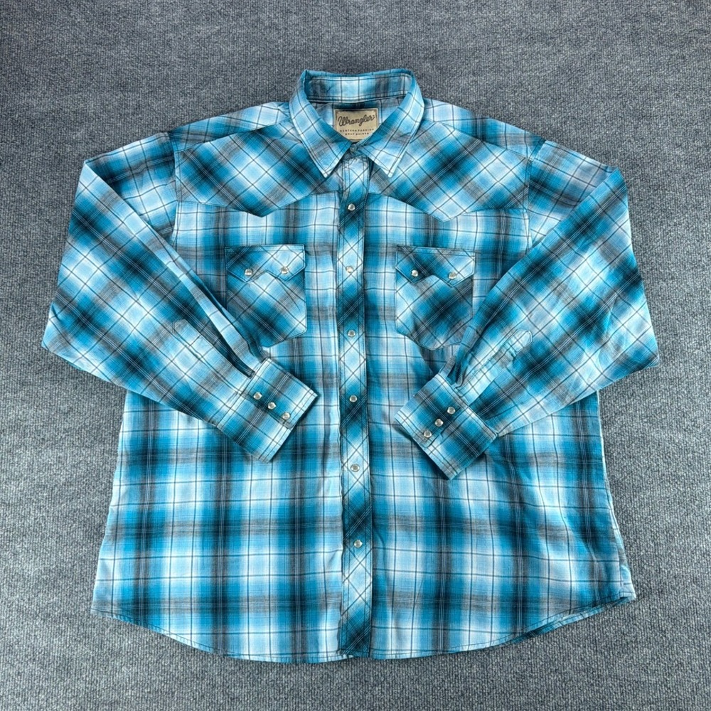 Wrangler Western Snap Shirt Blue Blck Plaid Pearl Snap XL Long Sleeve Cowboy Cut